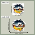 Detail view showing 3D wall sticker dimensions of a flaming football breaking through a wall - 39x39CM