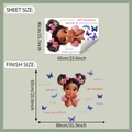 Detail view of cartoon girl wall sticker showing layout sheet and finished size dimensions - Cartoon Girl Butterfly and Inspirational Quotes (fun-e311)