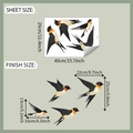 Detailoverzicht van realistische vogelmuurstickers met afmetingen en PVC-textuur - Realistische Vliegende Zwaluw Multi-Pose (fun-f724) / 29*40cm