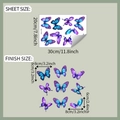 Detailed view of blue and purple butterfly wall stickers with size dimensions and layout - 20cm x 30cm