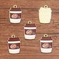 Set of 5 gold-plated coffee cup charms with brown and white enamel heart patterns - 1 Piece / Coffee Cup (15x22mm 1.1g)