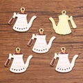 5-piece set of white enamel coffee pot charms with golden Love Coffee lettering - 1 Piece / Coffee Pot (24x24mm 1.3g)