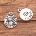 Retro Cancer constellation alloy pendant set with crab motif on wooden background - Antique Silver - Cancer