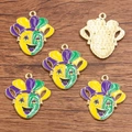 Golden KC alloy Mardi Gras mask charms with purple green and yellow enamel finish - No.13 Green Yellow Drama Mask Pendant