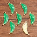 Set of 7 DIY feather pendants in green enamel with gold metal finish and top loops - No.15 Green Feather Pendant