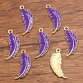 Set of 7 purple enamel feather charms with gold alloy edges for DIY jewelry making - No.15 Purple Feather Pendant
