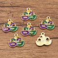 Mardi Gras masquerade mask pendants in gold alloy with purple, green and gold glitter enamel - No.1 Tricolor Mask Pendant
