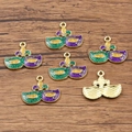 Set of 6 Mardi Gras mask pendants in gold KC alloy with green purple and gold glitter enamel - No.2 Fleur-de-lis Mask Pendant