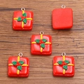 Five pieces of red resin Christmas gift box charms with yellow ribbons for DIY crafting - Size 13