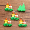 Christmas candle resin pendant with smiley face and green back for DIY jewelry making - Size 16
