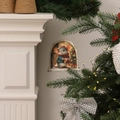 Detail showing a 3D Christmas mouse hole wall sticker with a festive mouse and gift - Mouse with Gift Box in Archway (fun-s54)