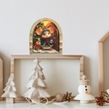 Detailed view of 3D Christmas mouse hole wall decal with festive mouse and snowy tree - Mouse with Red Gift in Snow Arch (fun-s55)