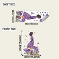 Wall decal showing sheet size and finish size of girl in purple dress with crocus and butterflies - Size (fun-d76)