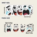Detailed sheet showing funny cartoon face stickers for trash cans with specific dimensions - Quirky Expression (fun-f881 914) / 22*22cm