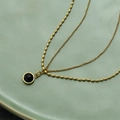 Vintage double layer necklace with gold rice beads and black agate stone pendant - Black Agate Necklace