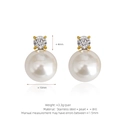 Elegant 18K gold plated stainless steel studs with white pearl and sparkling zircon - Stud Earrings / Earrings (Gold+White)