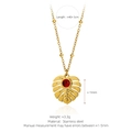 Gold monstera leaf pendant necklace with red gemstone and beaded stainless steel chain - Gold-Red Zirconia