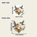 Detalle del vinilo decorativo de colibrí en acuarela con medidas de lámina y acabado - Estilo Floral Colibrí