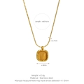 Gold stainless steel necklace with square amber cat eye stone pendant and technical specs - Necklace