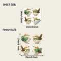 Detail view of bird wall stickers with green bows showing sheet and finish dimensions - 24*24cm