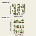 Detail showing dimensions of green potted plant wall decals and sheet size measurements - Green Potted Plants Wood Grain Shelf Style (fun-f965) / 39x45cm