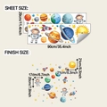 Detailed sheet and finish dimensions for cartoon astronaut and planet wall stickers - Astronaut Space Planet Theme (fun-c151)