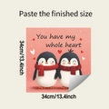 Detail of square penguin wall sticker featuring romantic quote and 34cm size marker - 34x34cm / Milky White