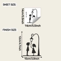 Detail view showing sheet and finish dimensions for romantic couple street lamp wall sticker - 14x14cm