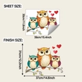 Detail of cartoon owl wall decal showing sheet dimensions and finished display size - 30x39cm