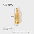 Gedetailleerd overzicht van 18K vergulde roestvrijstalen colafles-hanger met afmetingen - Gouden Fles Stijl (NXC450G)
