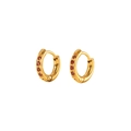 Detail view of 18K gold plated stainless steel huggie earrings with five red zircon stones - Red (10mm)