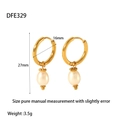 Close-up of gold stainless steel hoop earrings with elegant drop freshwater pearls - Earrings (DFE329)