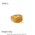 Macro view of 12mm wide 18K gold plated stainless steel ring with zircon star and spiral detail - US 6 / Spiral Rhinestone Pave Style (DFR213)