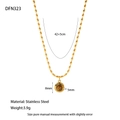 Detailed view of stainless steel gold necklace with 8mm tiger eye stone pendant - Round Frame Style (DFN323)