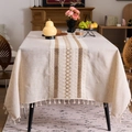 Mantel textura lino con bordado geométrico marrón y decoración de borlas finas - Crochet de Cuerda Fina (Beige) / 100x140cm