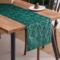 Dark green Christmas table runner with embroidered trees on solid wood dining table - Table Runner 33-92 / Green Plush Small Star Christmas Tree