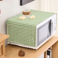 Green and white checkered refrigerator dust cover with white pom-pom fringe trim - Double Door Style / Green Plaid