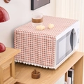 Red and white checkered dust cover for microwave with decorative white pom-pom trim - Khaki Small Plaid