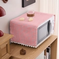Dust cover for appliances featuring pink and white gingham pattern with pom-pom trim - Pink Plaid