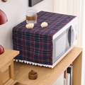 Classic red, green and blue checkered microwave dust cover with white pom-pom fringe trim - Navy Sandwich Plaid