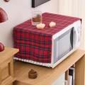 Dustproof red plaid cover for microwave with white pompom fringe in home setting - Red Sandwich Plaid