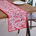 Elegante camino de mesa blanco con jacquard de mariposas rojas y ribete de pompones - 30-120