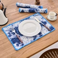 French country style blue floral jacquard placemat with scalloped lace edges on a wooden table - Standard / Blue Graffiti With Blue Scalloped Edge