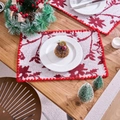 Christmas jacquard red leaf embroidered placemat set with festive red pom-pom trim borders - Jacquard Red Rose Red Edge