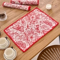 Red and white jacquard table mat with butterfly floral embroidery and pom-pom trim - Standard / Red Butterfly With Red Scalloped Edge