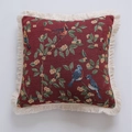 Vierkante jacquard kussenhoes in bordeaux met vogelpatroon en franjesrand - 60X60CM (Zonder Vulling) / Jacquard Jujube Rood Vogel Witte Kwast