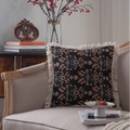 Vintage floral throw pillow in black with orange patterns and decorative tassels - Jacquard Black Plum Blossom White Fringe