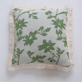 Square beige pillow cover with green floral jacquard pattern and decorative fringe edges - Jacquard Green Rose with White Fringe