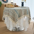 Bohemian thick linen tablecloth with geometric patterns and white lace trim edge - Jacquard Contrast Geometric Style (Curved Tassel)