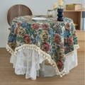 Vintage floral jacquard round tablecloth with elegant tassel fringe and lace hem - Hydrangea Style (Curved Tassel)